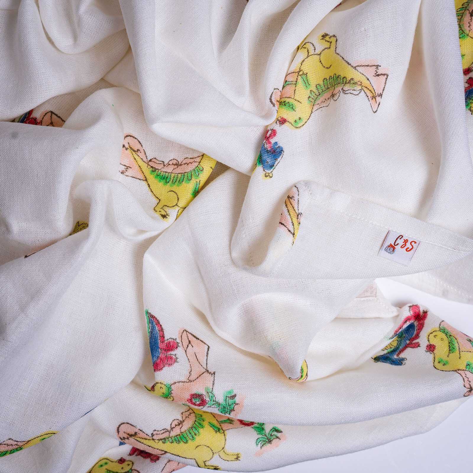 Organic Cotton Muslin Hand Block Swaddle - Dino Print - Image 2