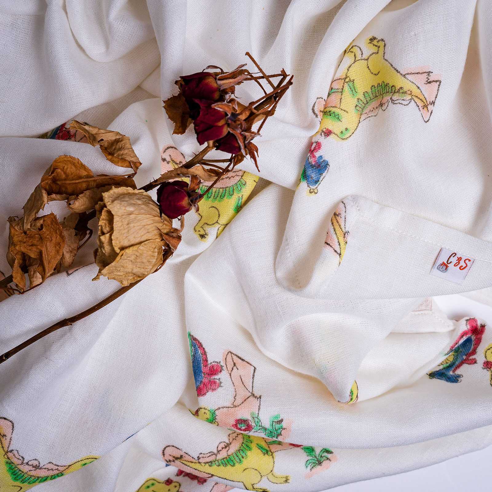 Organic Cotton Muslin Hand Block Swaddle - Dino Print - Image 5