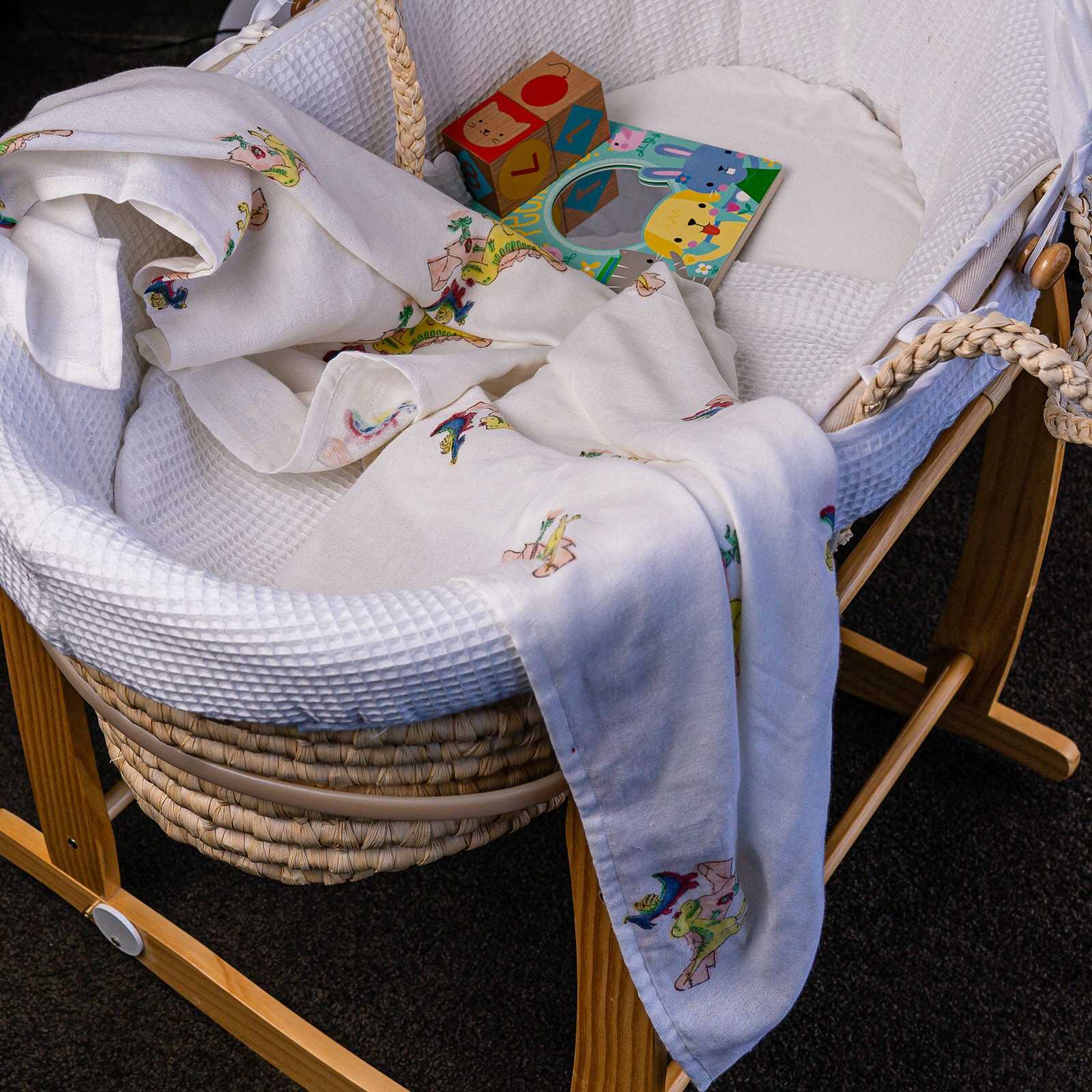 Organic Cotton Muslin Hand Block Swaddle - Dino Print - Image 6