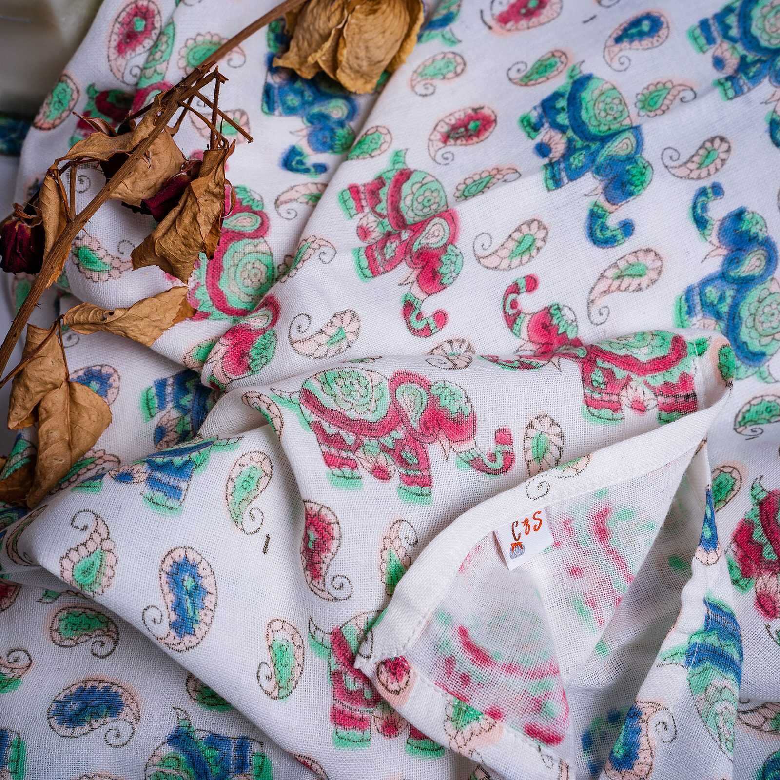Organic Cotton Muslin Hand Block Swaddle - Elephant Print - Image 4