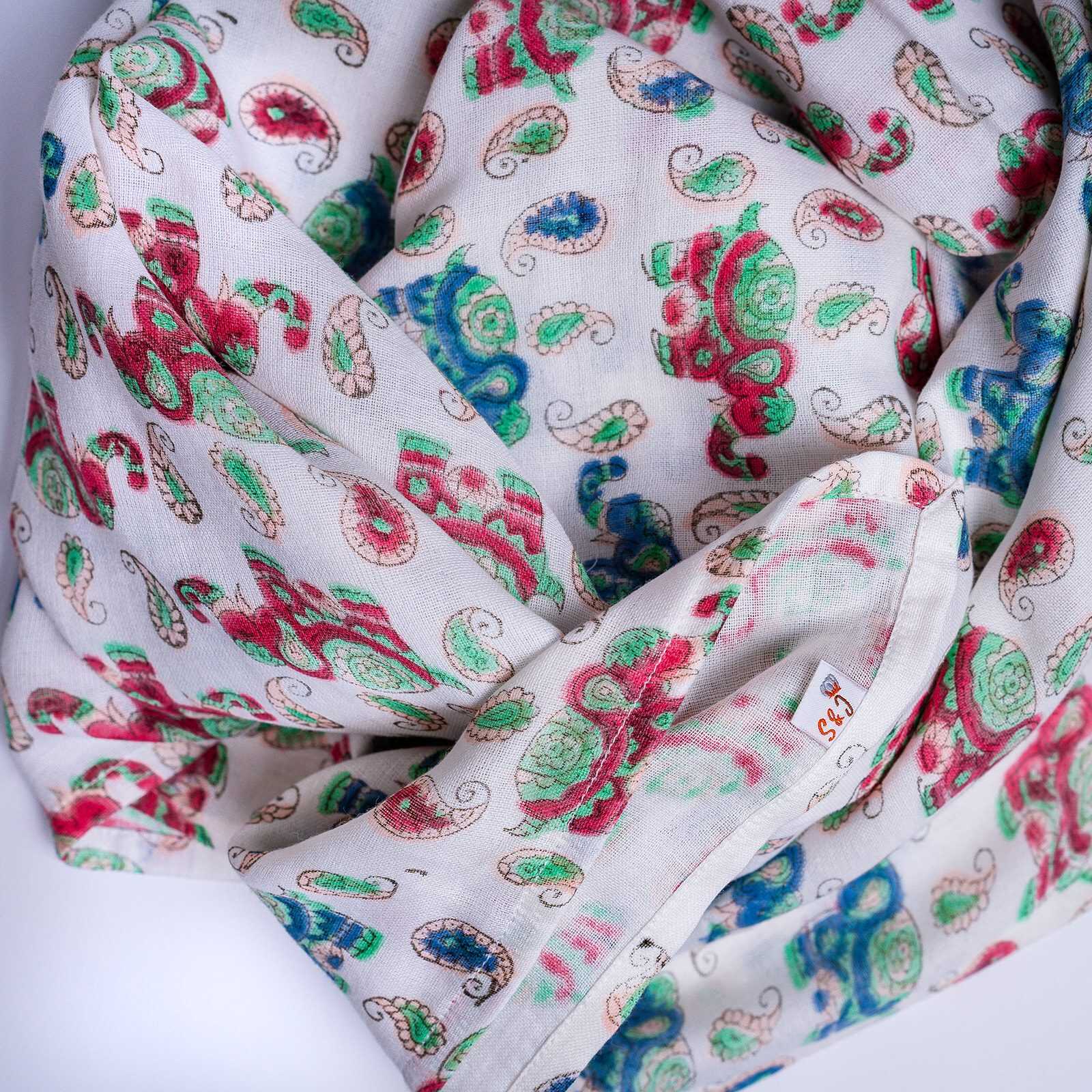 Organic Cotton Muslin Hand Block Swaddle - Elephant Print - Image 6