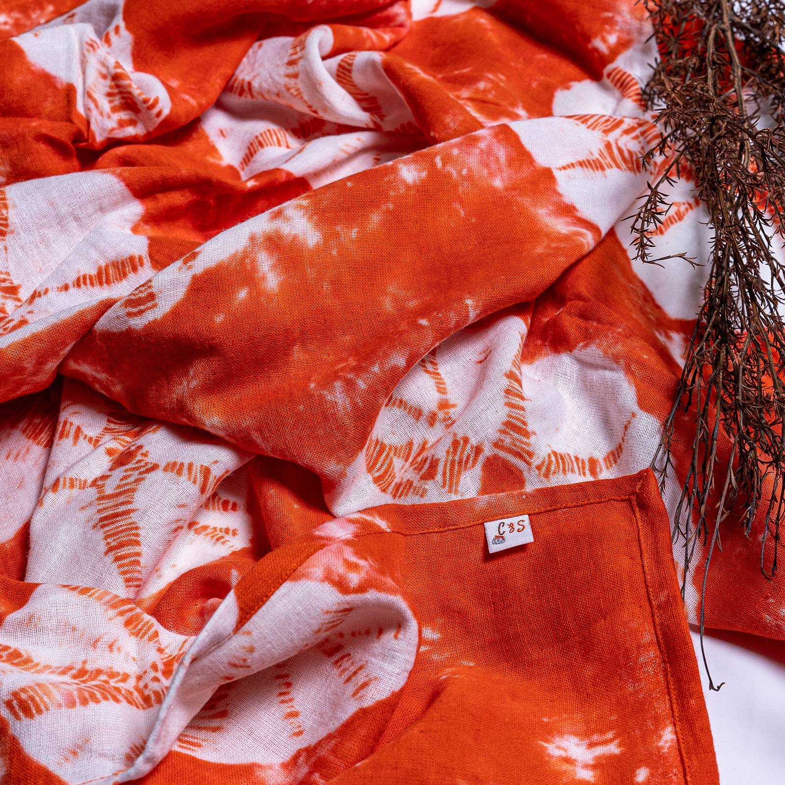 Organic Cotton Muslin Shibori Swaddle - Coral - Image 5