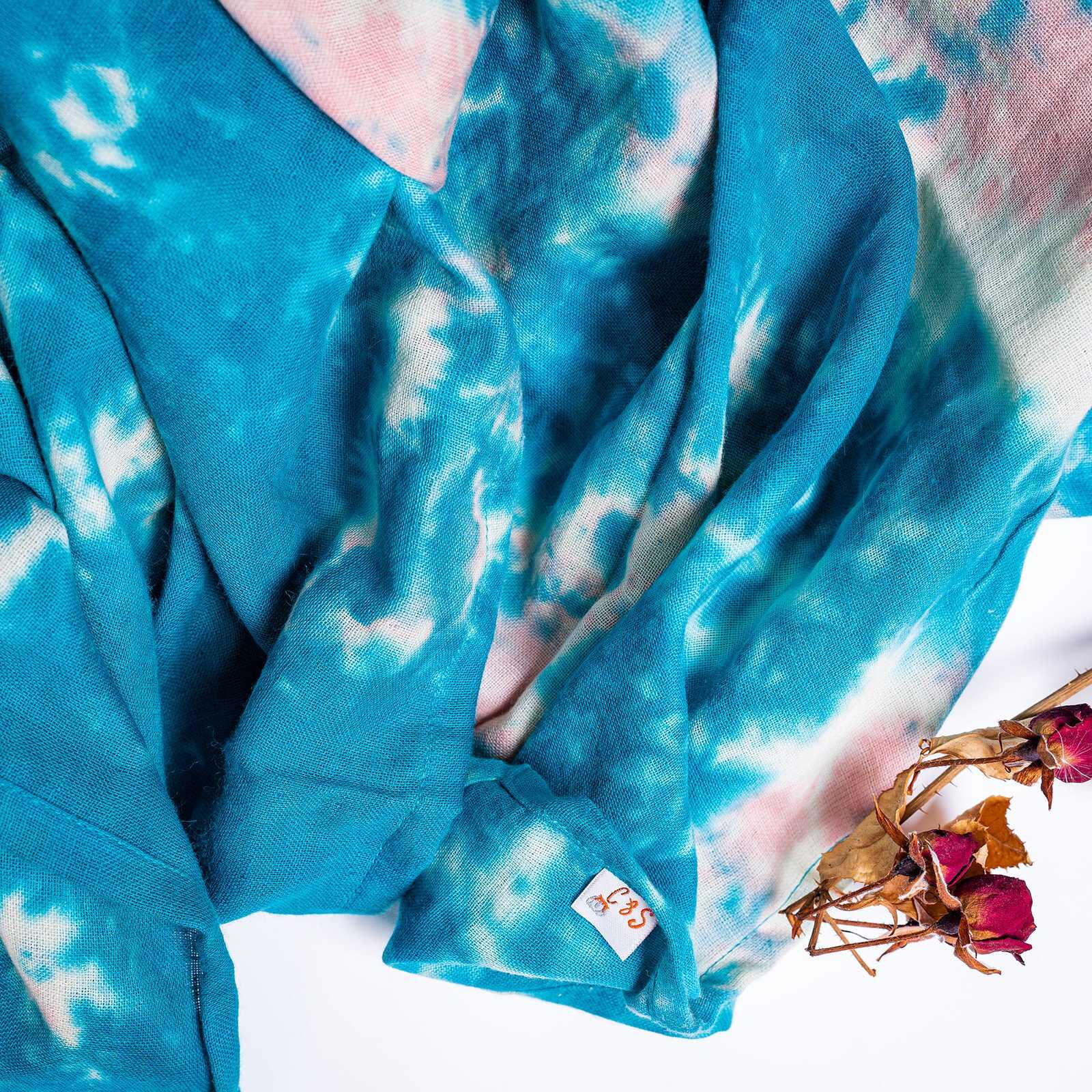 Organic Cotton Muslin Tie & Dye Swaddle - Turquoise and Dusty Rose Marble - Image 4