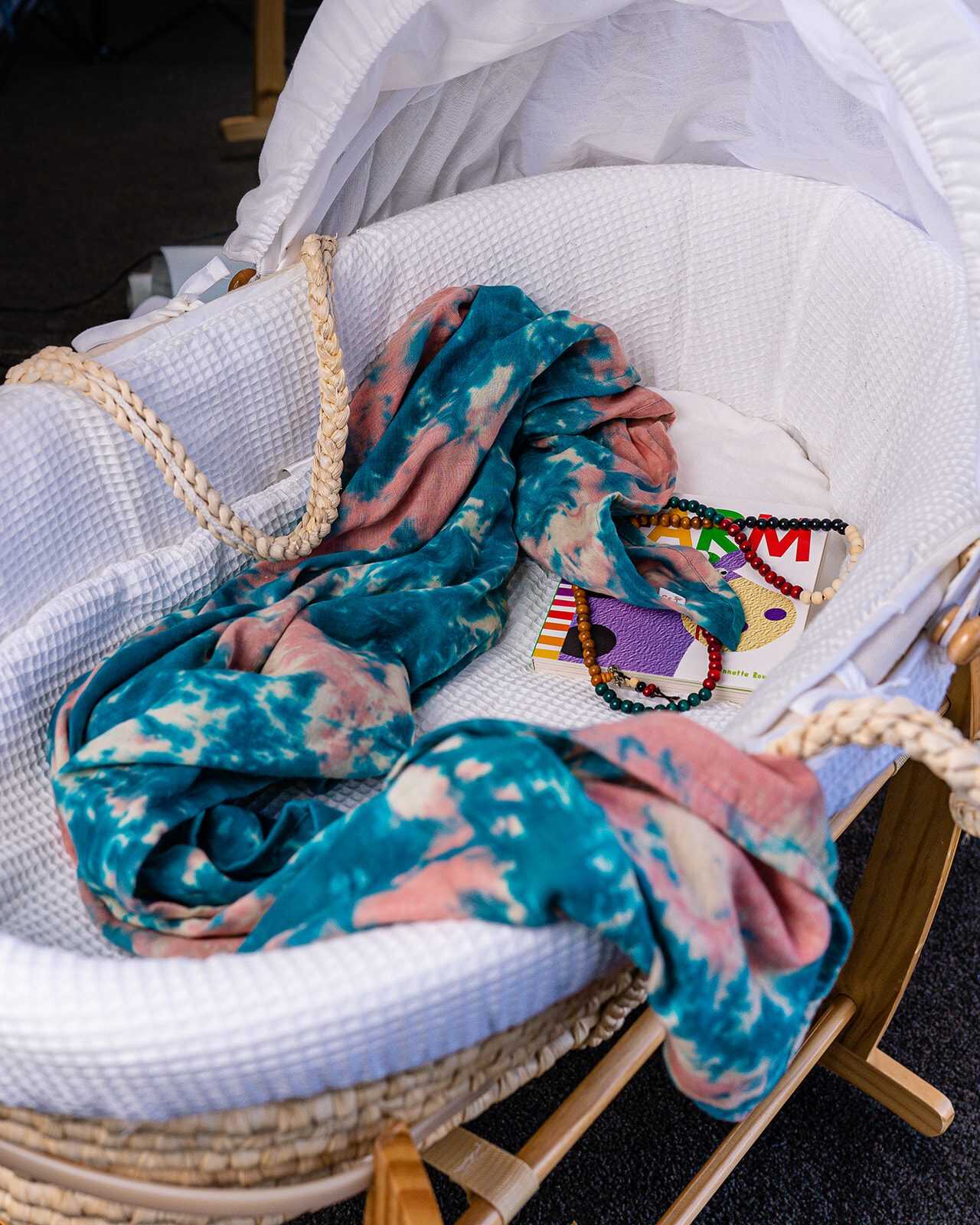 Organic Cotton Muslin Tie & Dye Swaddle - Turquoise and Dusty Rose Marble - Image 5