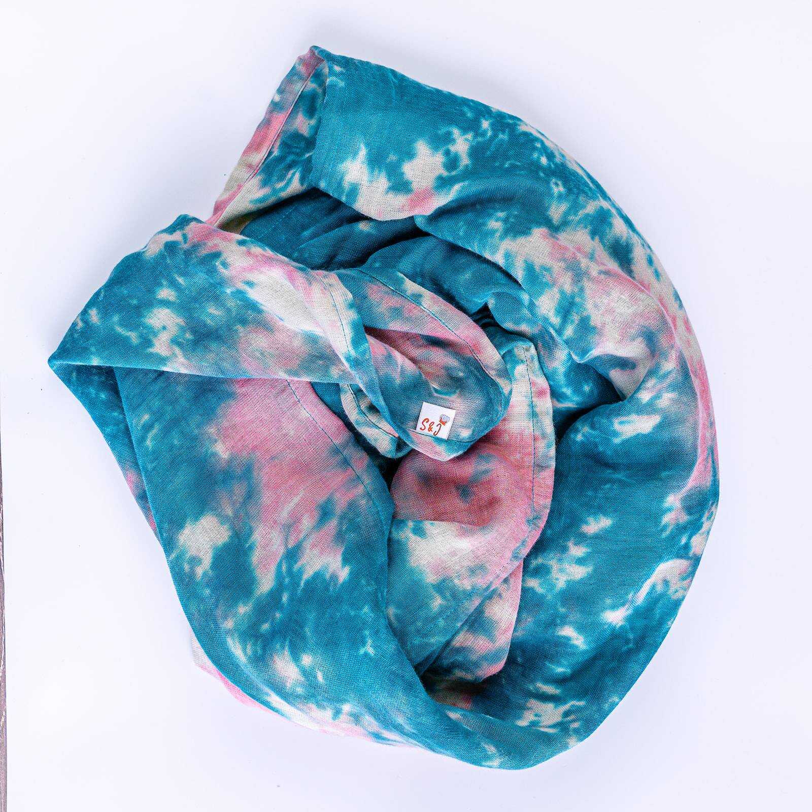 Organic Cotton Muslin Tie & Dye Swaddle - Turquoise and Dusty Rose Marble - Image 6