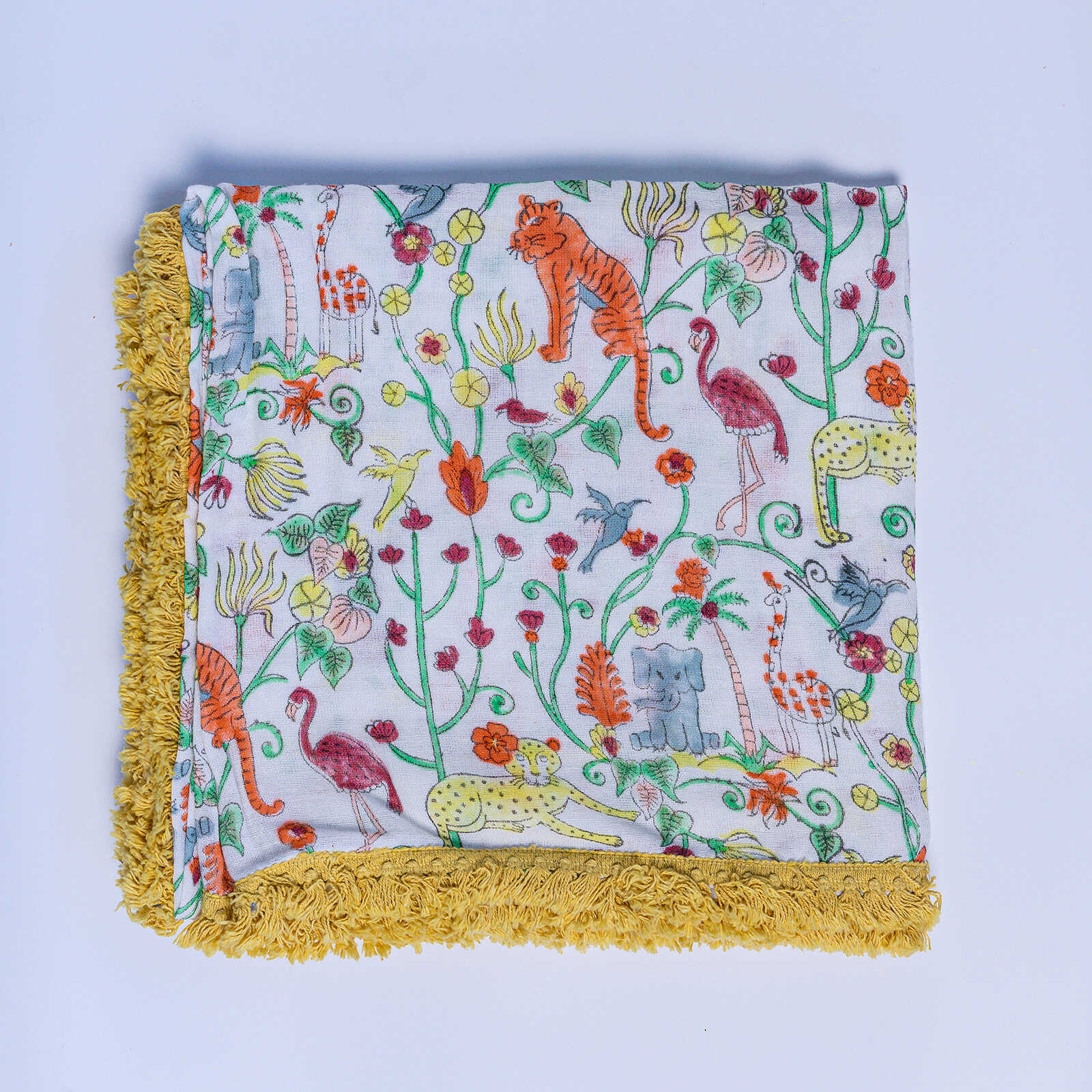 Organic Cotton Mulsin Safari Swaddle - Yellow Fringe - Image 2