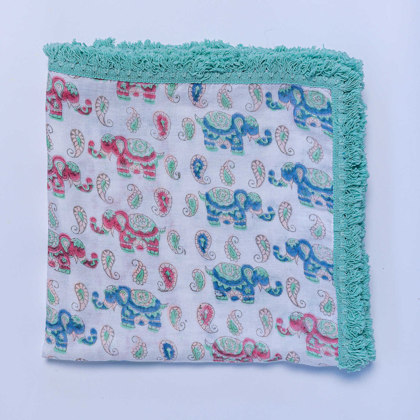 Organic Cotton Muslin Swaddle - Elephant Aqua Lace - Image 9