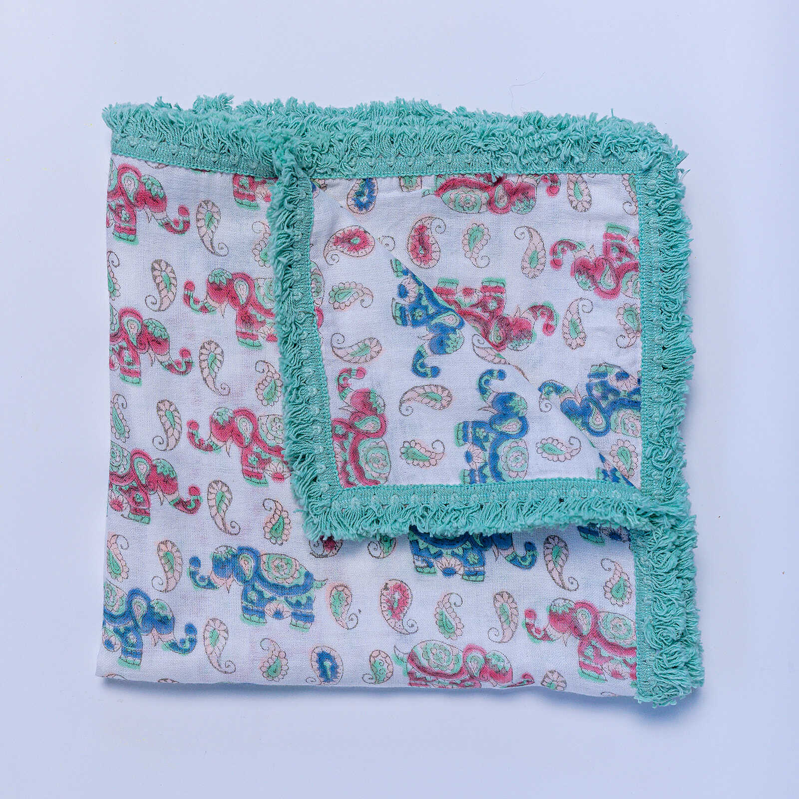 Organic Cotton Muslin Swaddle - Elephant Aqua Lace - Image 4