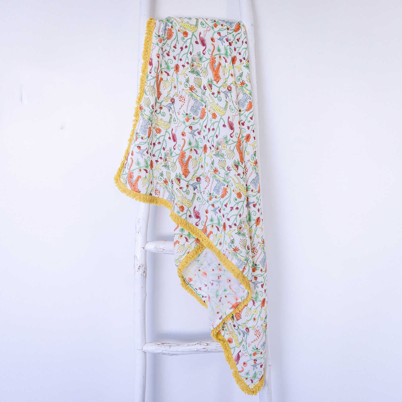 Organic Cotton Mulsin Safari Swaddle - Yellow Fringe - Image 4