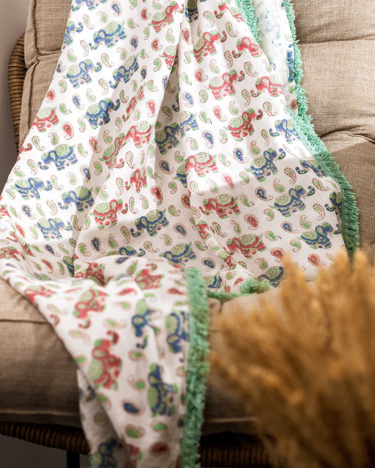 Organic Cotton Muslin Swaddle - Elephant Aqua Lace - Image 5