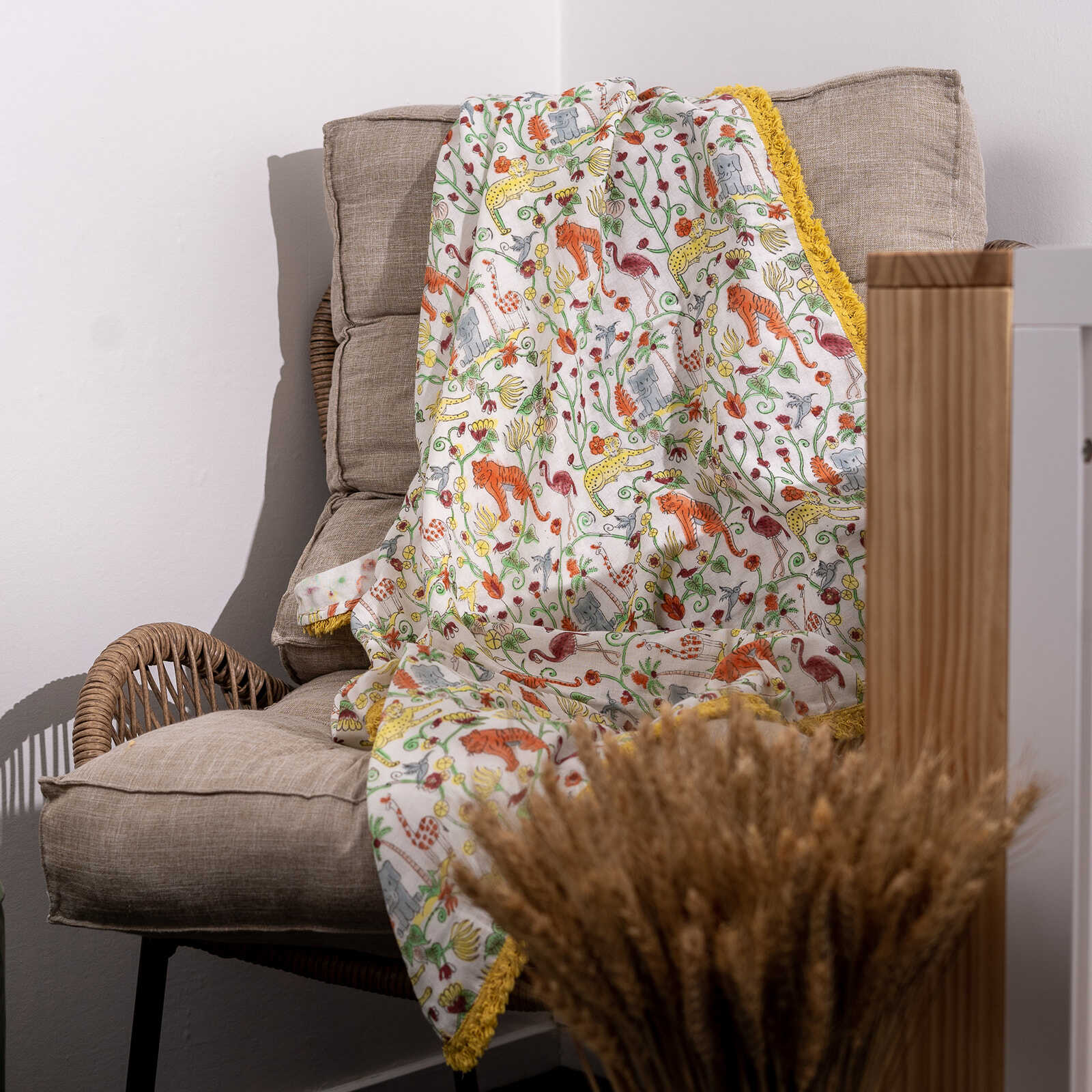 Organic Cotton Mulsin Safari Swaddle - Yellow Fringe - Image 5