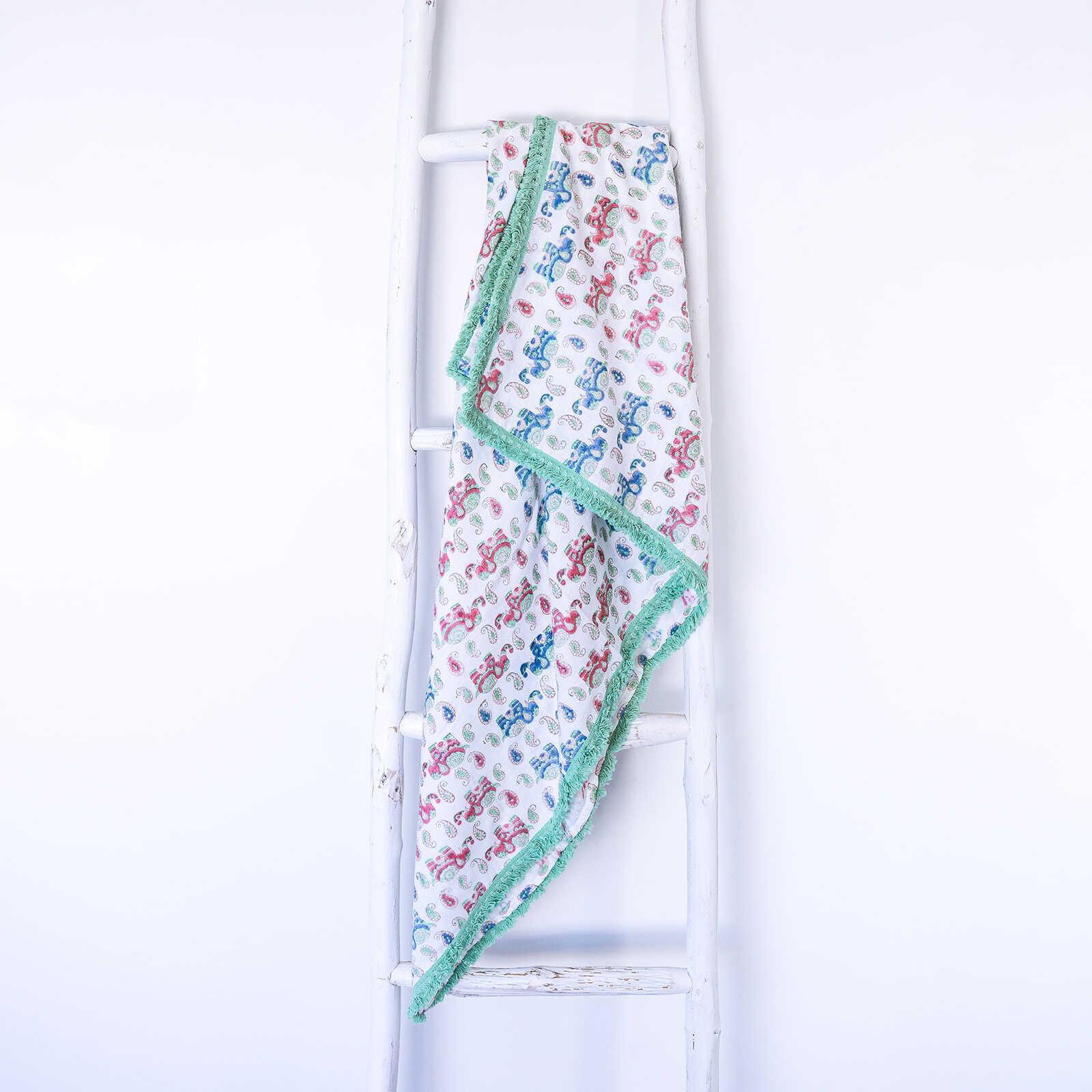 Organic Cotton Muslin Swaddle - Elephant Aqua Lace - Image 6