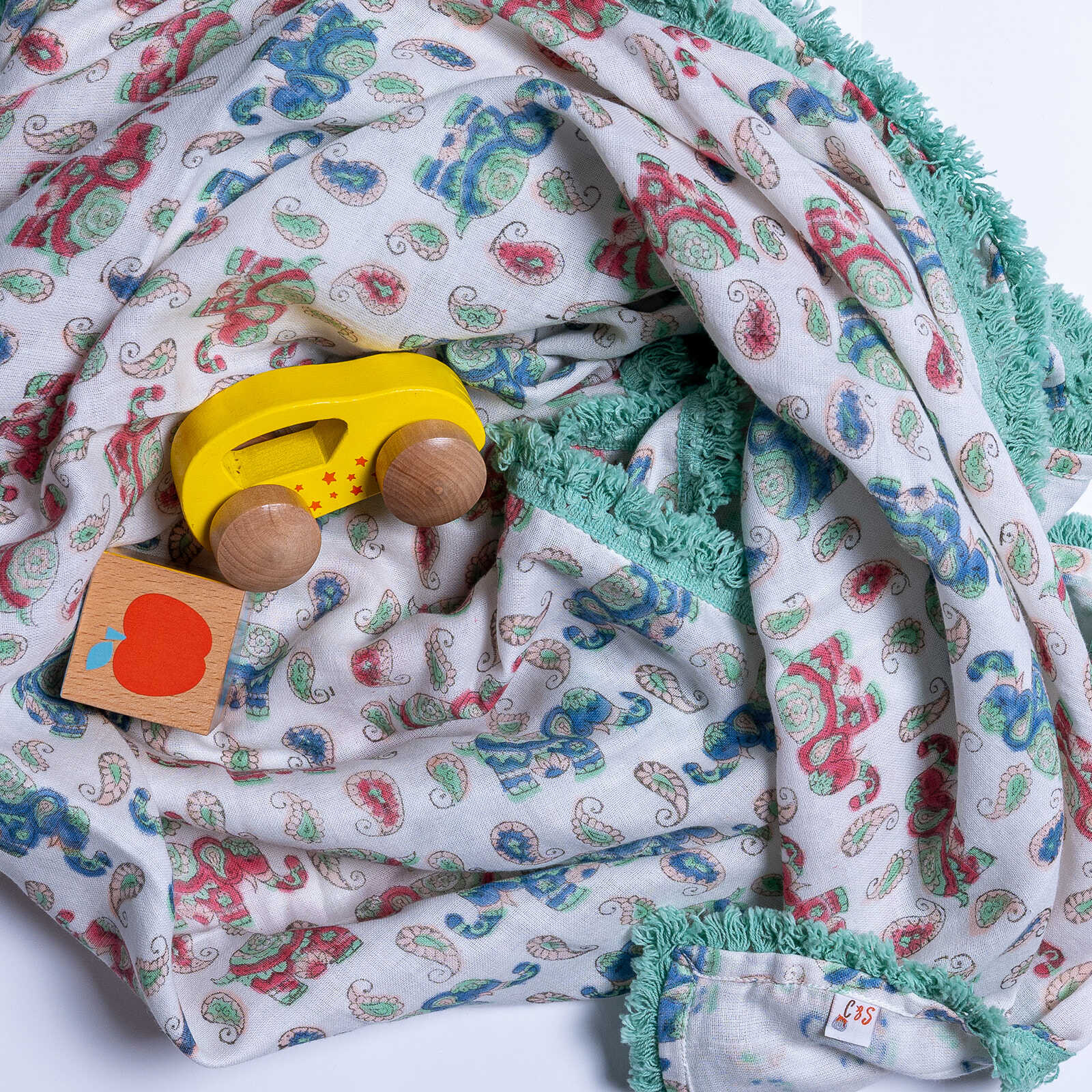 Organic Cotton Muslin Swaddle - Elephant Aqua Lace - Image 7