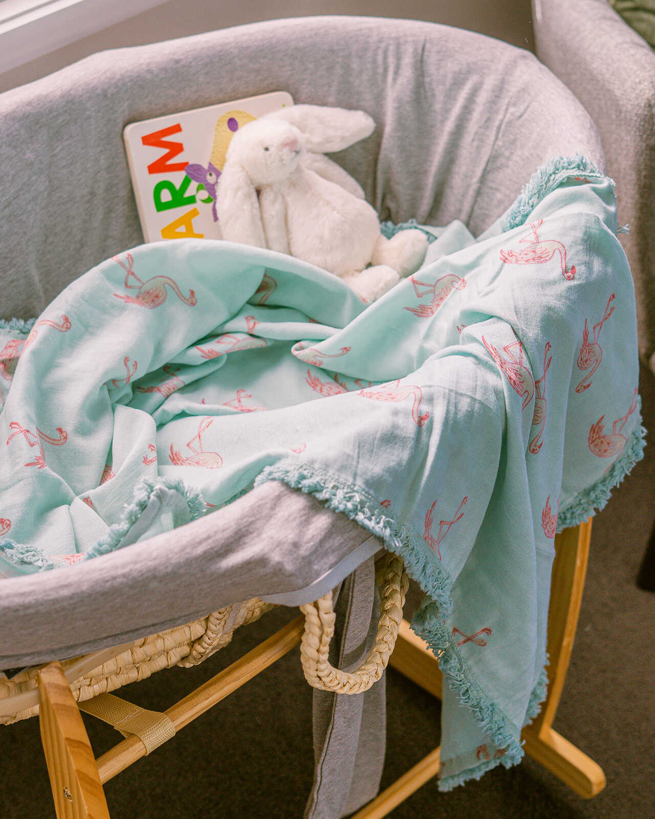 Organic Cotton Muslin Flamingo Swaddle - Blue Lace - Image 4